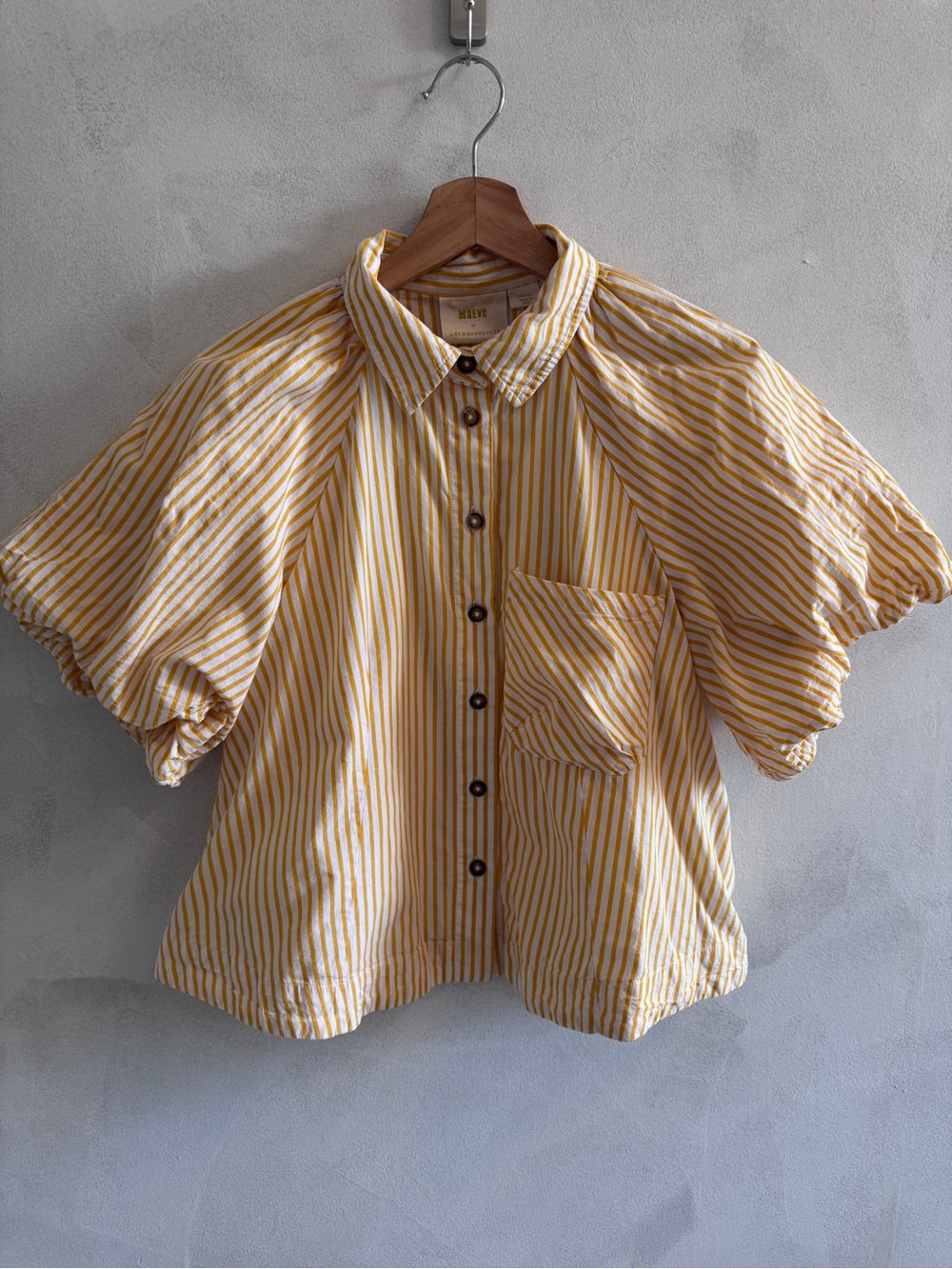 Anthropologie Maeve - Yellow & White Striped Button-Up Top with Puff Sleeves